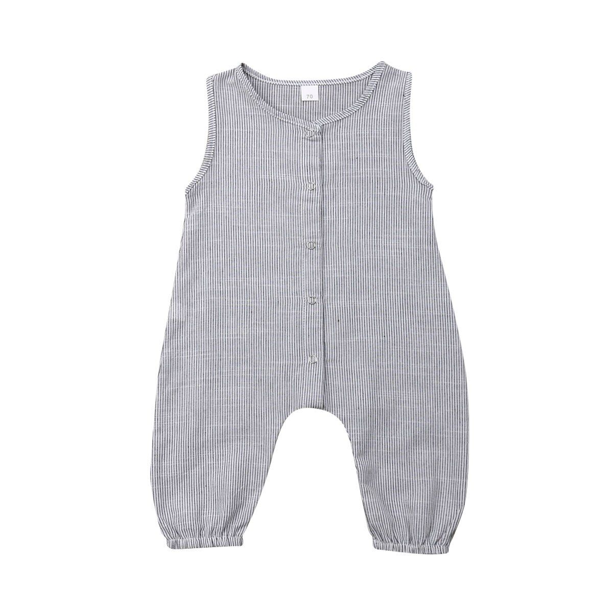 pudcoco Cute Kids Newborn Baby Boy Girl Cotton Linen Romper Solid Sleeveless Striped Jumpsuit Outfit Summer Casual Clothes 0-24M