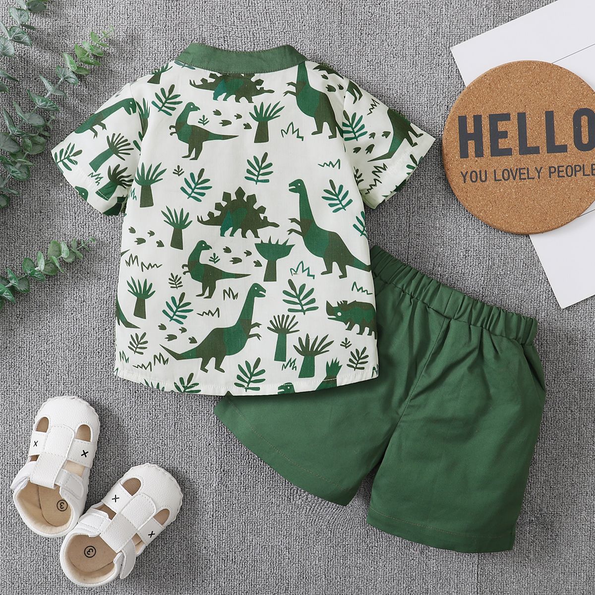 Toddler Boy 2Pcs Summer Outfits, Short Sleeve Button Down Shirt + Elastic Waist Shorts Set