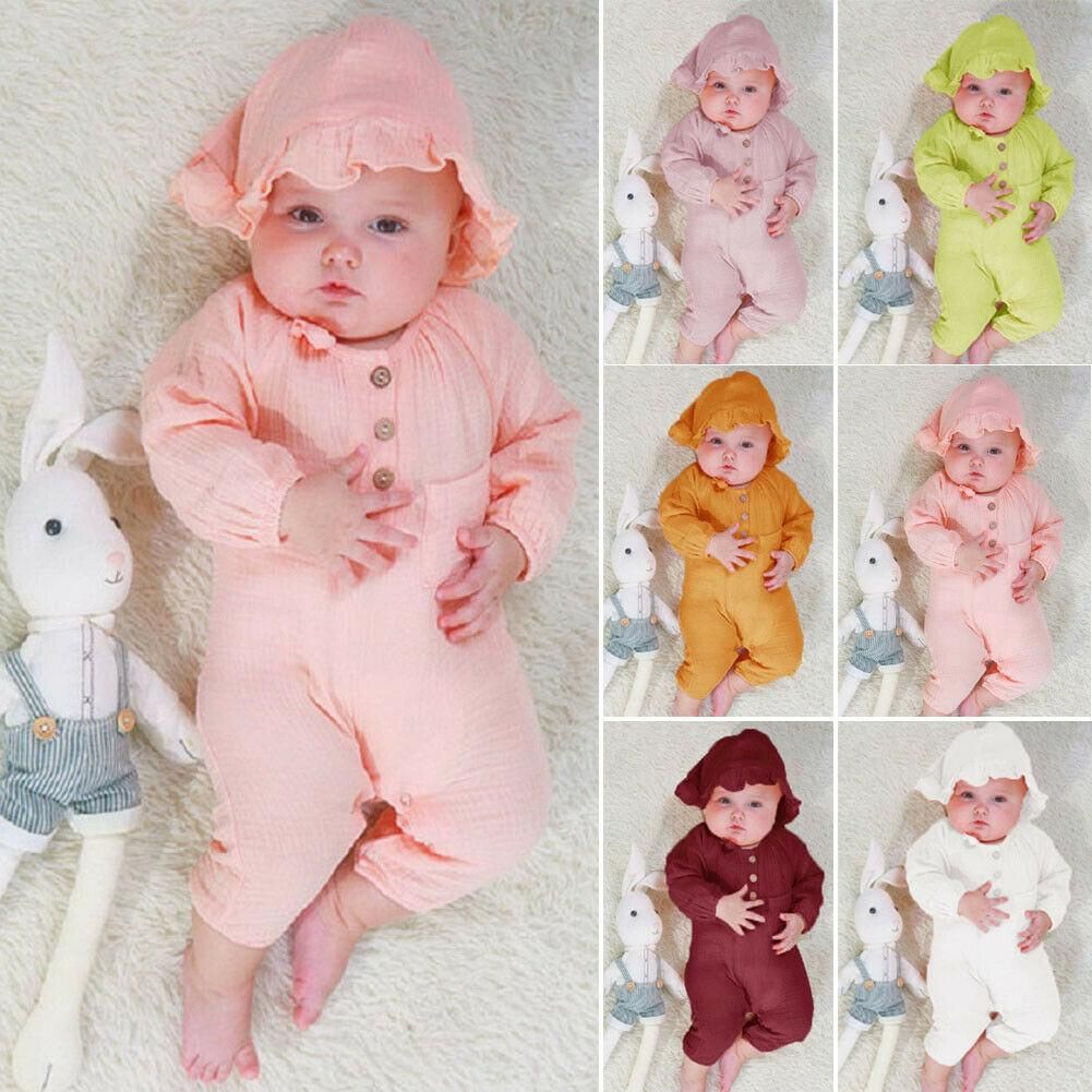 Newborn Baby Girl Boy Clothes Long Sleeve Romper Jumpsuit Cotton Linen Outfit (Present Headband)
