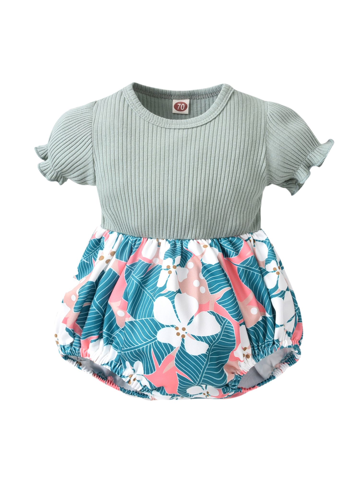 Baby Floral Print Short Romper with Ruffles, Girls Short Sleeve O-neck Jumpsuit