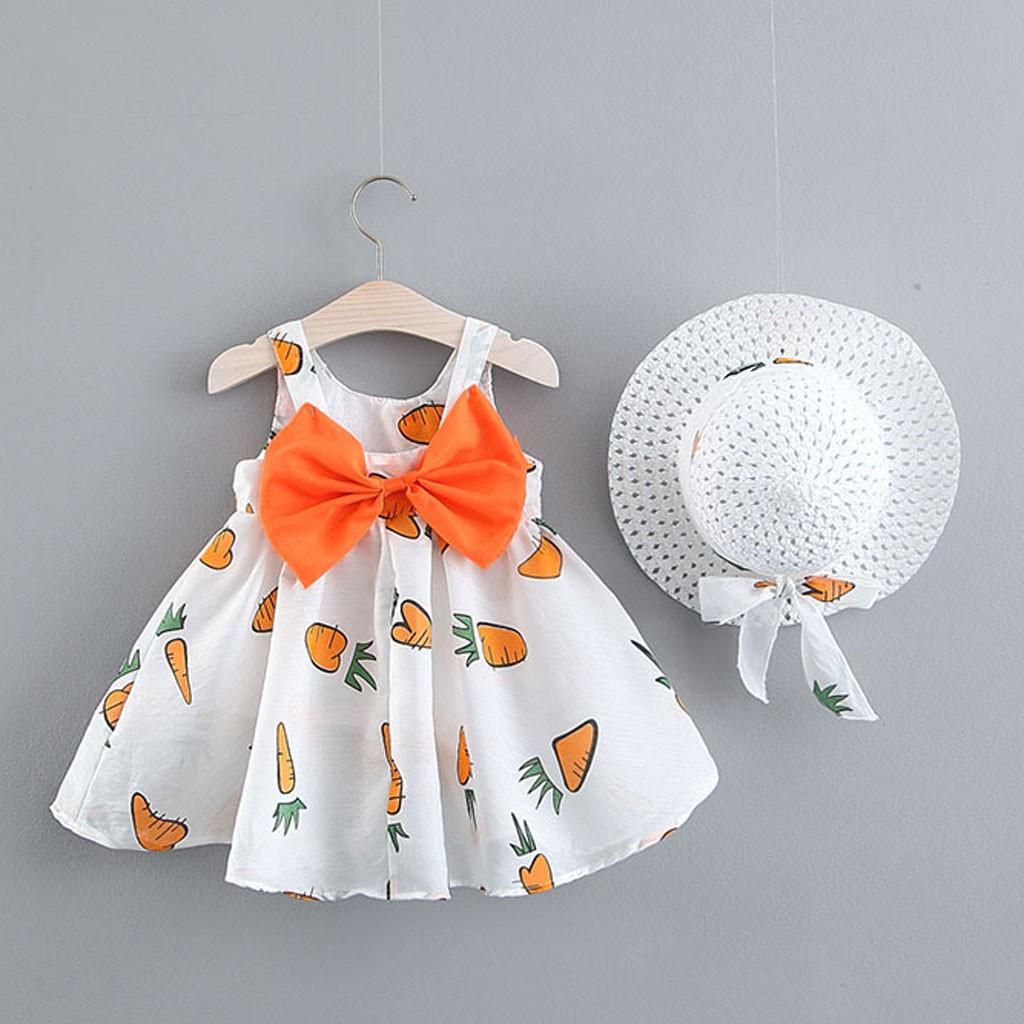 BlingBlingStar Toddler Baby Girls Fruit Carrots Print Bow Princess Dress Casual Clothes Hat