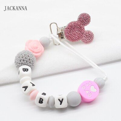 Personalize Name Baby Pacifier Clips Mouse Head Dummy Clip Baby Attache Sucette Newborn Gift Silicone Baby Pacifier Holder Chain
