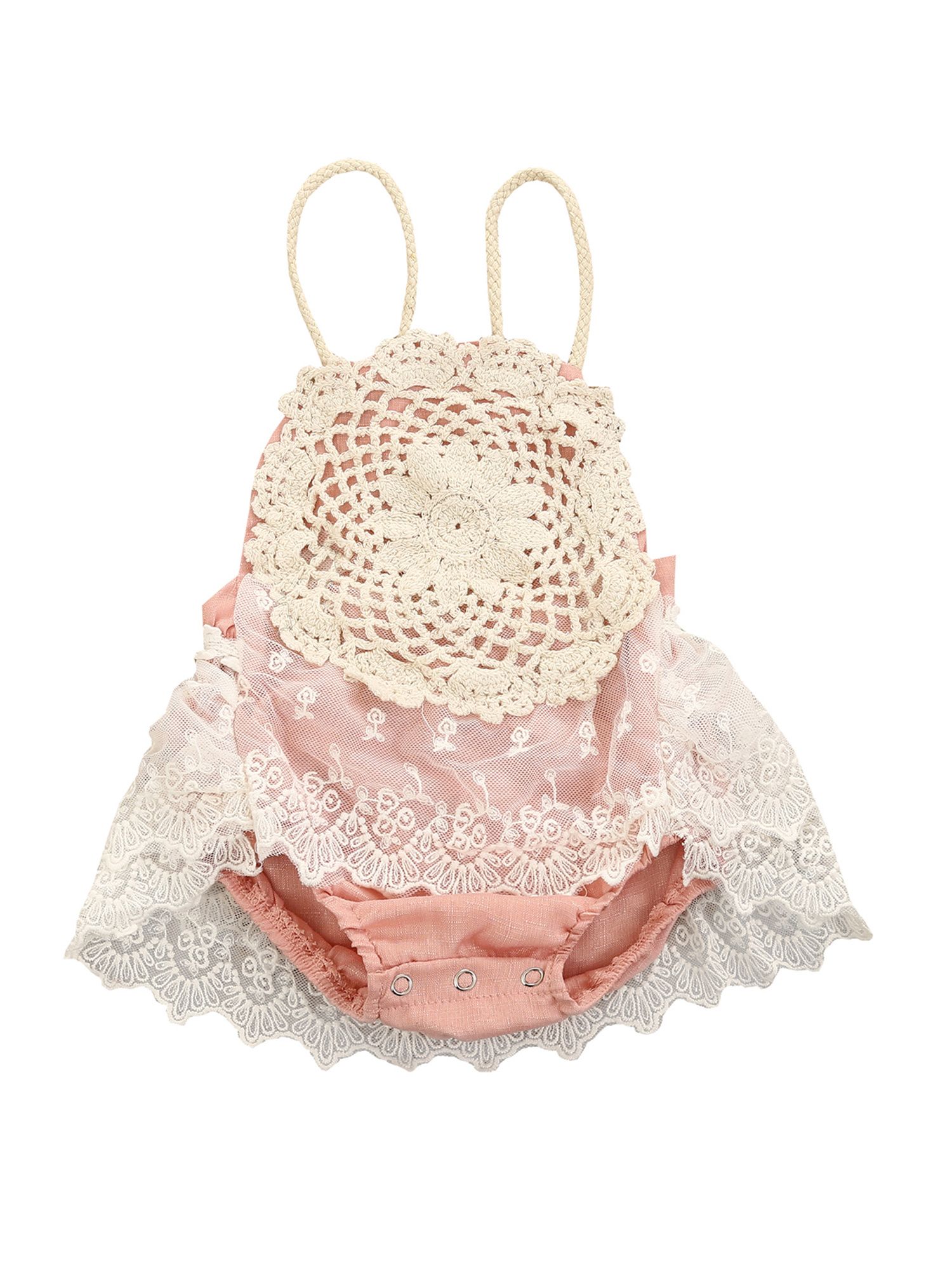 Baby Girls Casual Romper, Sleeveless Boat Neck Lace Hem One-piece