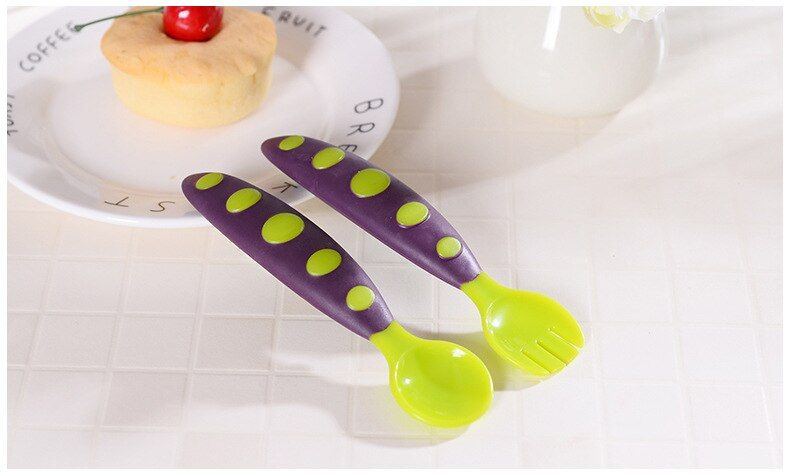 Safe Plastic Baby Spoon+ Fork Colorful Anti-Skid Handle Learning Tableware Children Dishes With Box/opp bag