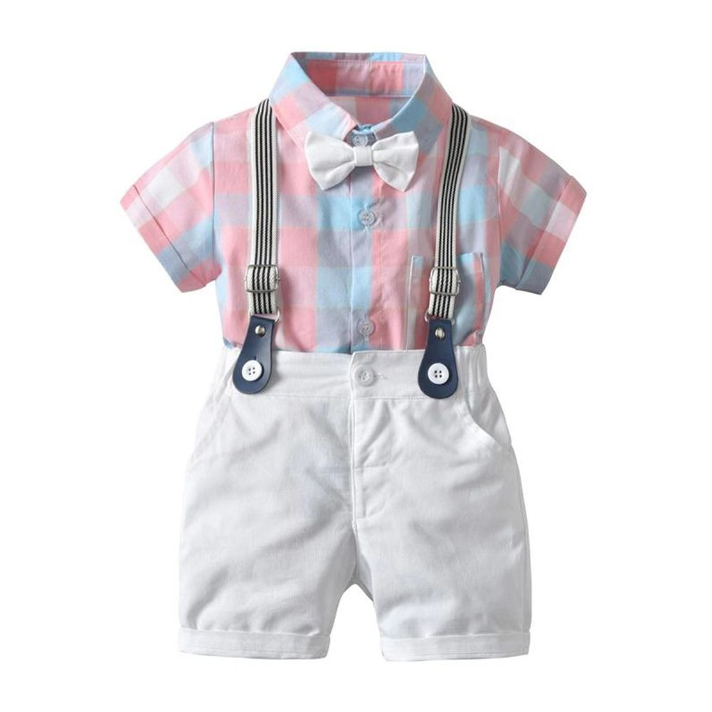 Stylish Summer Kids Boy Short Sleeve Plaid Bow Shirt Suspender Pants Clothes Set