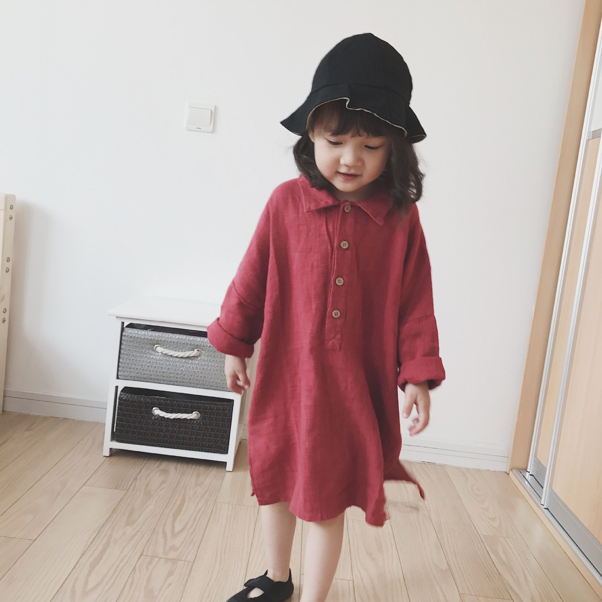 Little Girls Korean Style Cotton Dress Long Sleeve Button-Down Design Solid Color Long Outfit Wild Fashion Cute Sweet Princess Dress for Spring and Autumn