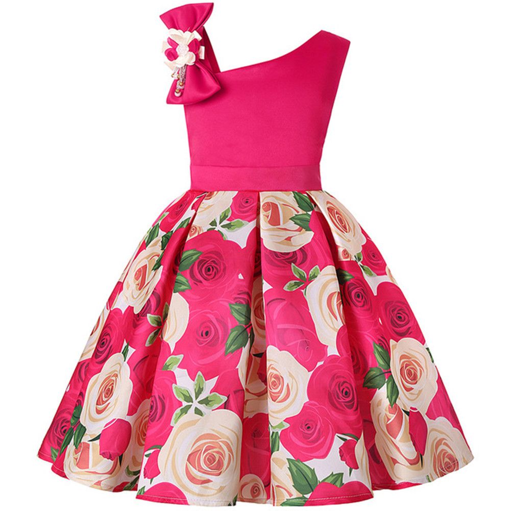 Girls Cotton Blend Bowknot Dress Rose Printing Full Dress For 5-9 Y Kids