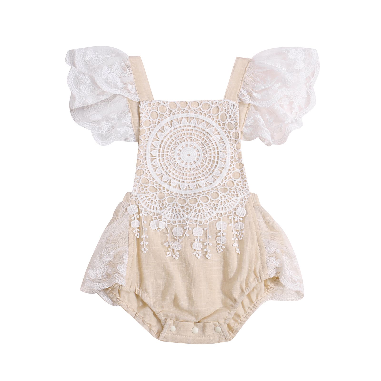 Newborn Casual Lace Romper, Baby Girls Flower Pattern Fly Sleeve Square Collar Romper