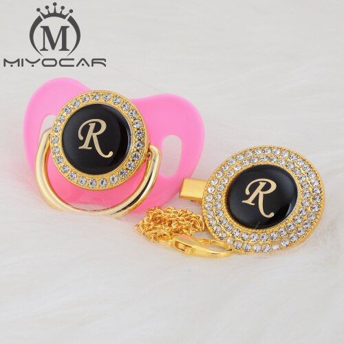 MIYOCAR name Initial letter R elegant silver bling pacifier and pacifier clip BPA free dummy bling unique design SGS pass LR