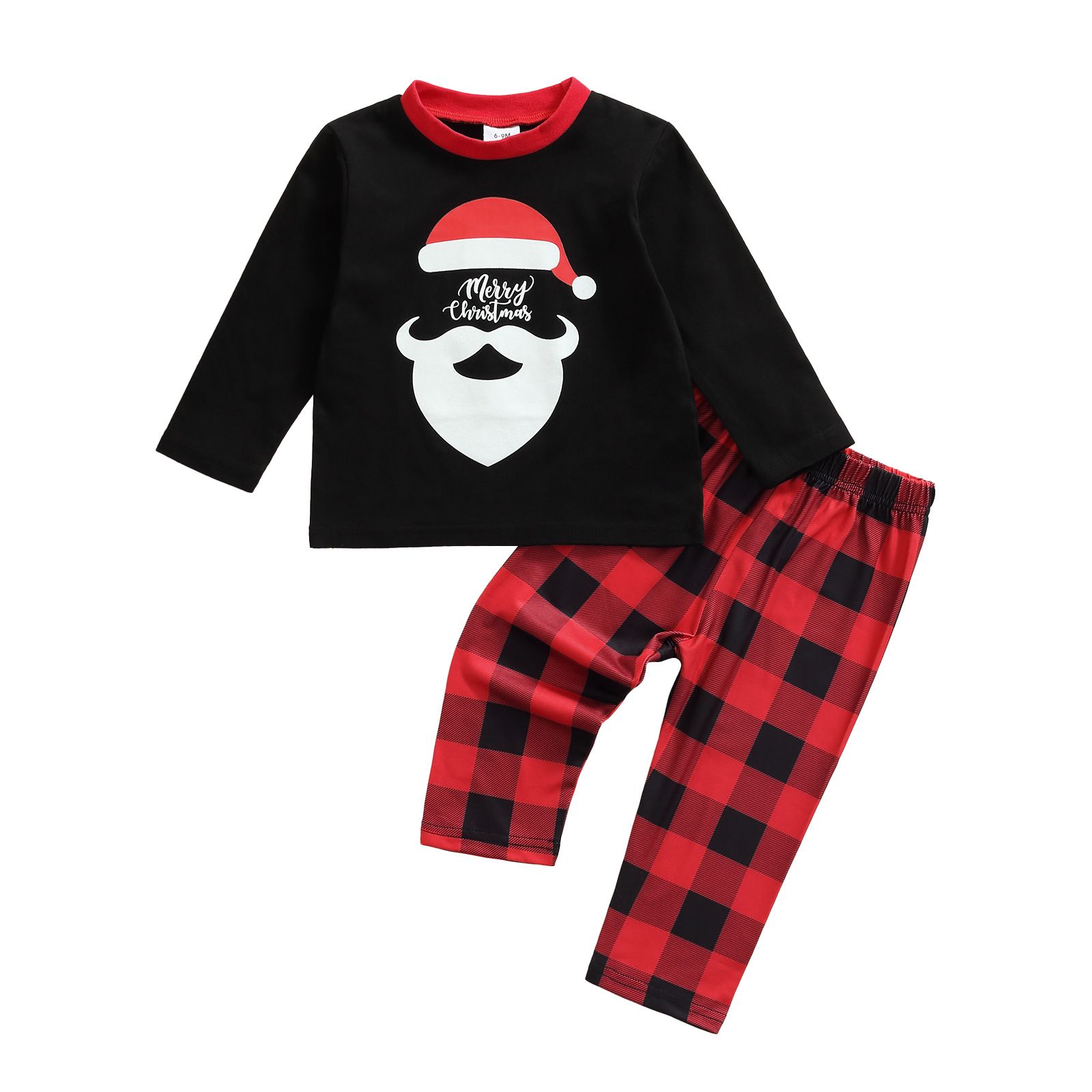 Children T-shirt and Trousers Set Cartoon Santa Claus Printed Tops and Plaid Long Pants