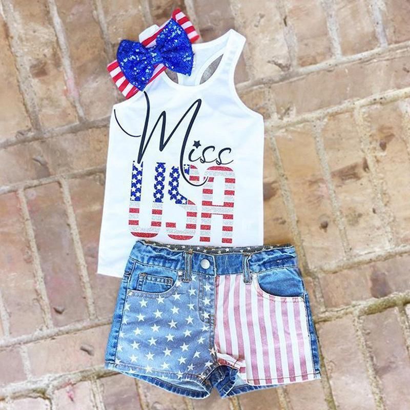 Children's Summer Girl Sleeveless Vest Alphabet + American Flag Shorts Two Pcs Set