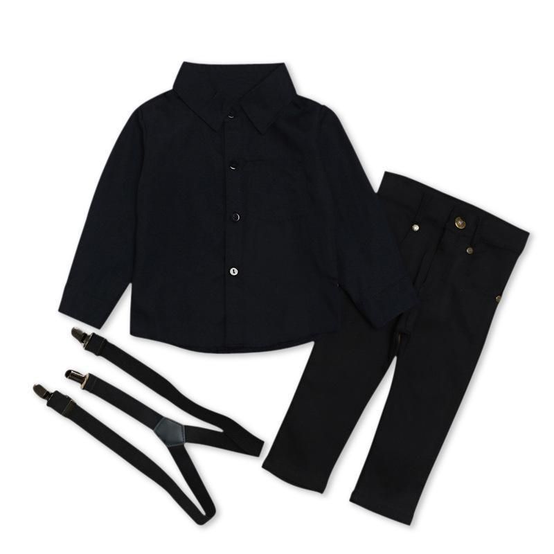 Children's Spring Autumn Boys Long Sleeve Pure Color Shirt Top + Trousers Three Pieces Set