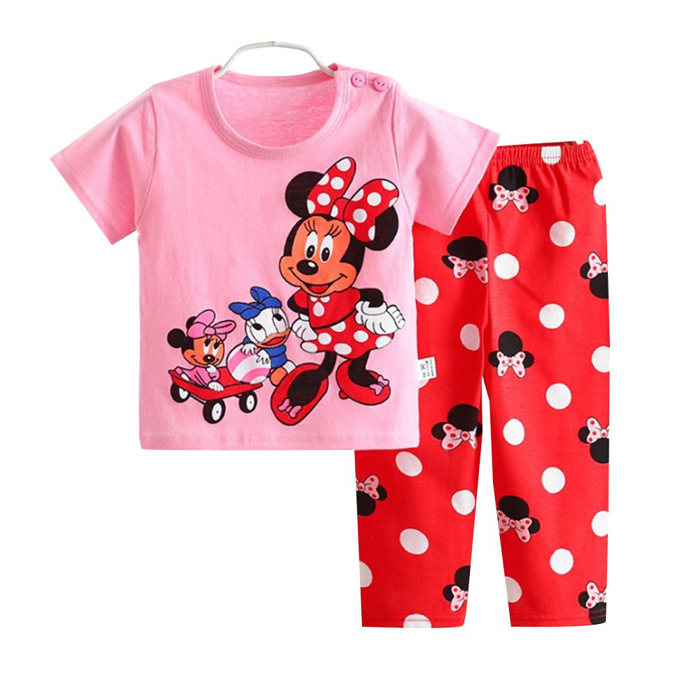 2 Pcs/set ldren  e  Wear Cotton Cartoon Printed Short Sleeve -shirt + rousers Suit For 1-5 Years Old color:Huang Mouse size:90cm infant age:1-2years