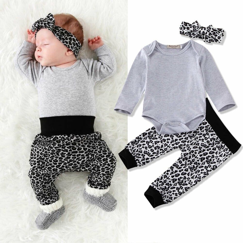 2020 Childen Spring Tops Pants Set Toddler Kid Baby Girl 1-6Y Leopard Long Sleeve Top Shirt Denim Holes Pants Outfit Clothes Set