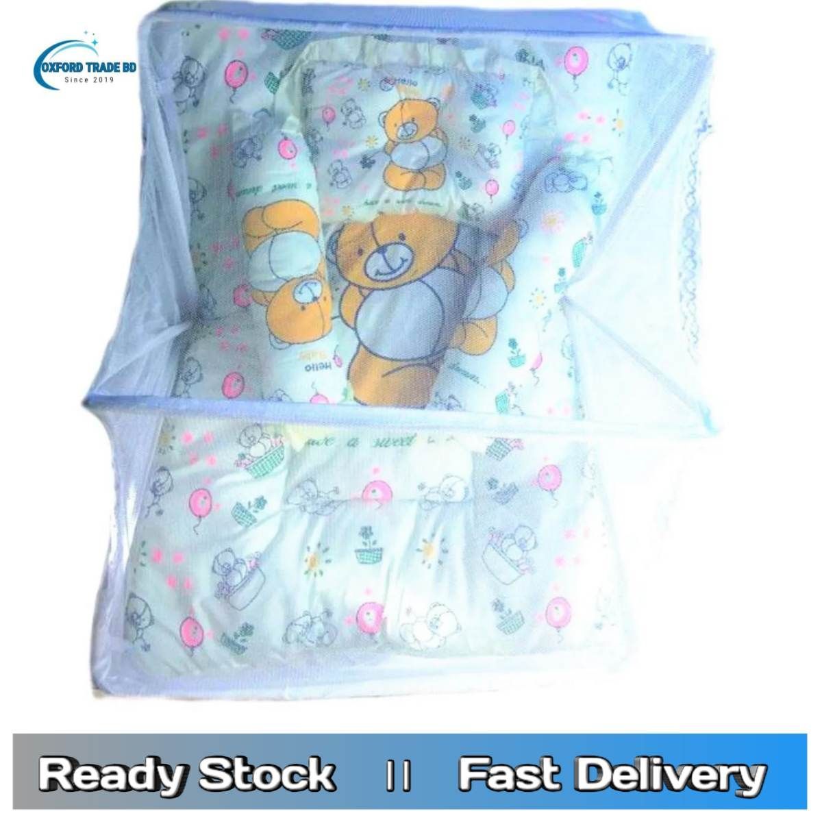 Baby Bed Comfy Sleeping Portable Folding Baby Crib Mosquito Protector Net and Pillow - Multi Color