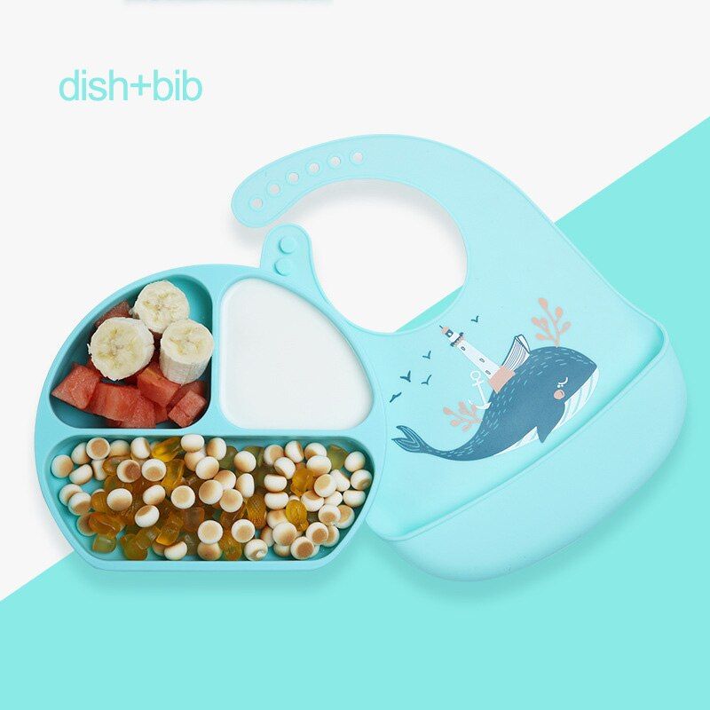XCQGH Food Grade Silicone Baby Children Tableware Dish Fork Spoon Bib Set Baby Feeding Products Plate