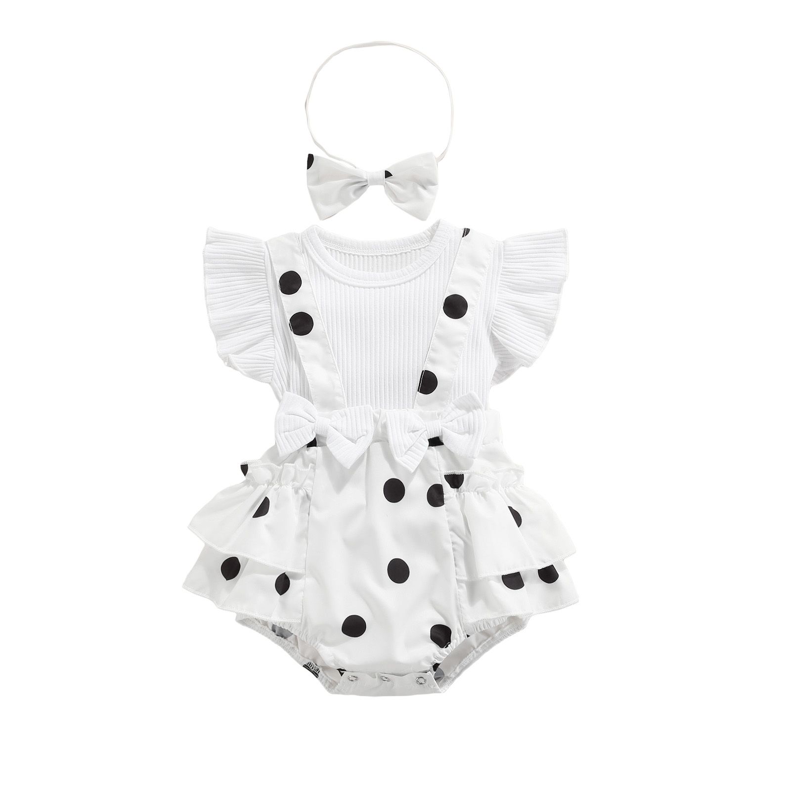 2Pcs Sweet Style Baby Girls Outfit, Toddlers Summer Floral/Lemon/Dot Printing Fly Sleeve Splicing Romper + Bow Headwear Set