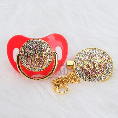 MIYOCAR bling unique design gold pink crown pacifier and clip set BPA free sgs pass safe to baby pacifier holder APCG-8