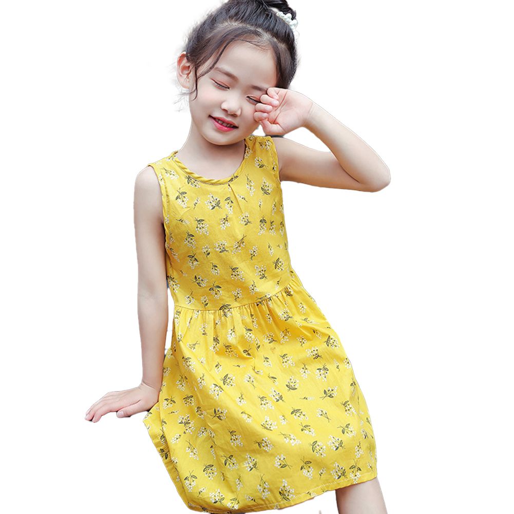 GC Girls Dress Cotton Sleeveless Crew-neck Loose Hem Vest Dress Summer Baby Floral Princess Skirt color