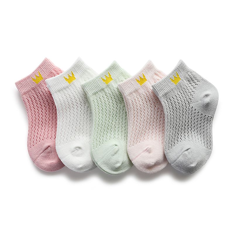Children Breathable Short Tube Socks Fashion Crown Pattern Mesh Thin Socks 1-12 Years, 5 Pairs