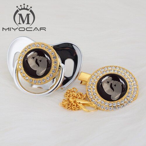 MIYOCAR Gold silver lovely baby foot beautiful Gold bling pacifier and pacifier clip BPA free dummy bling unique design GFT-08