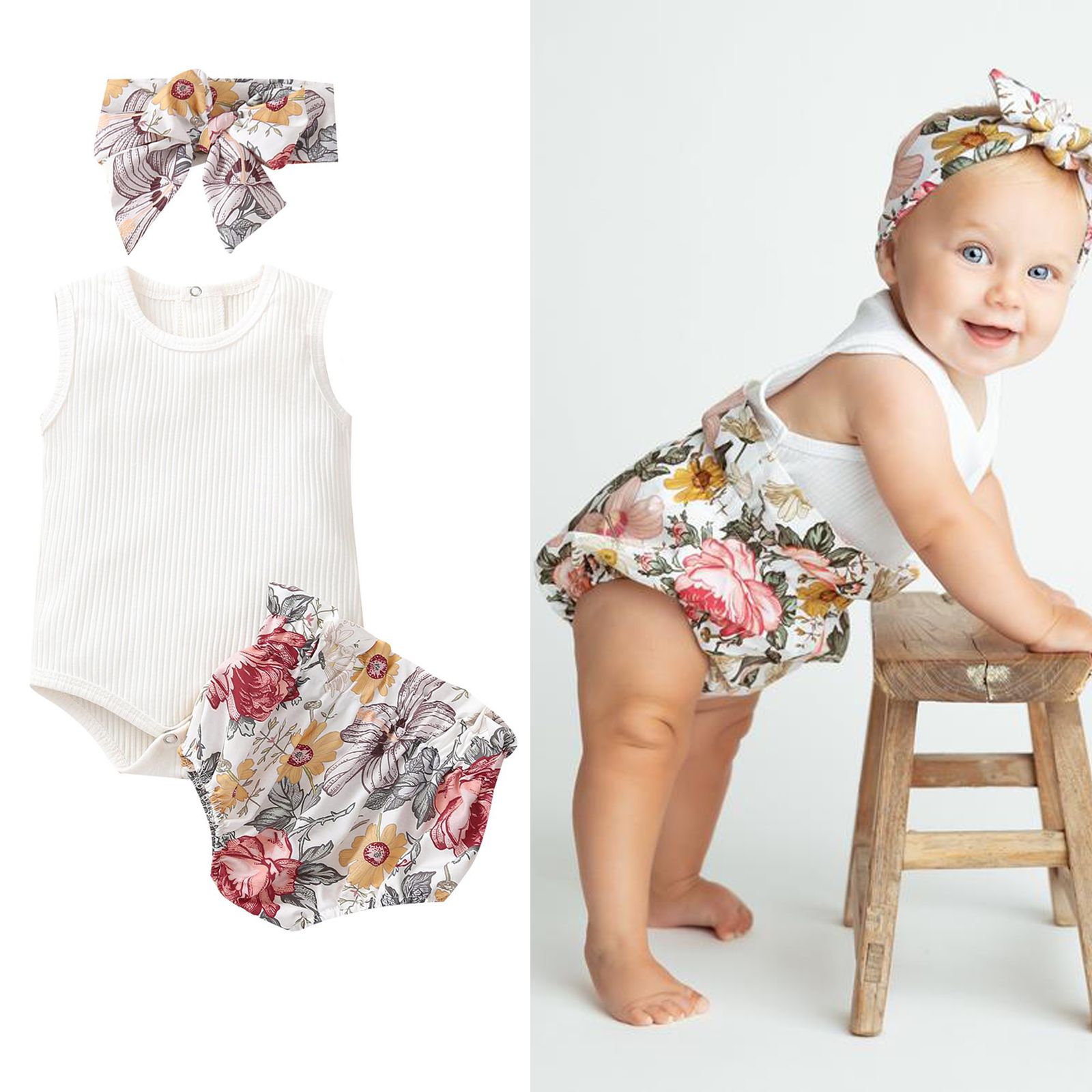 Newborn Baby Girls 3-piece Outfit Set Sleeveless Romper+Floral Print Shorts+Headband Set