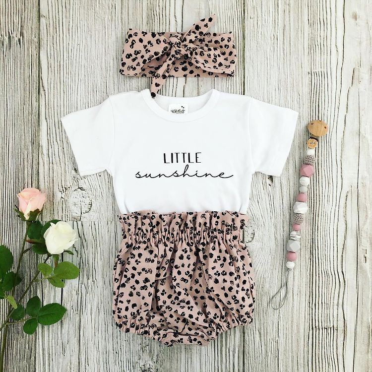 3Pcs Baby Letter Print Short Sleeves Romper + Leopard Print Shorts + Headband