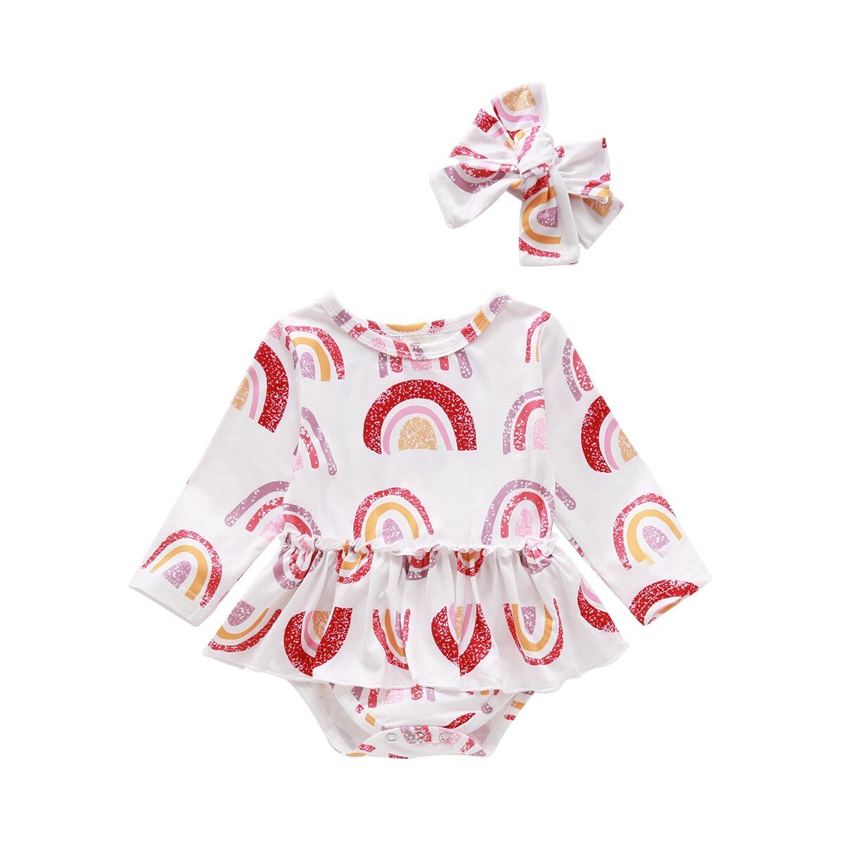 2020 0-18M Sweet Infant Baby Girl Romper Dress Rainbow/Orange Print 2 Kinds Long Sleeve Ruffle Jumpsuit + Headband Autumn 2pcs