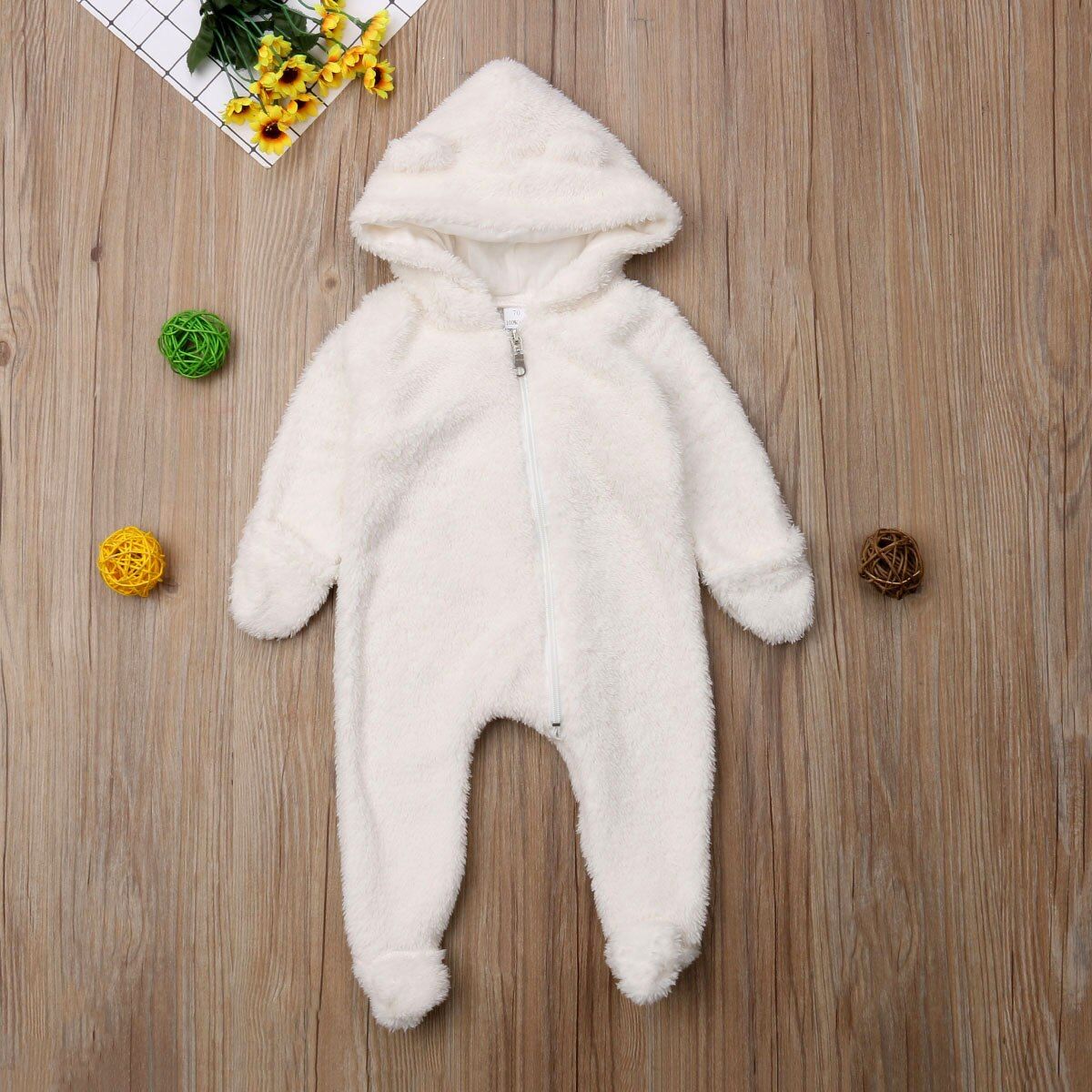 Newborn Baby Girl Boy Fuzzy Clothes Furry Winter Warm Hooded Romper Jumpsuit Outfit 0-24M
