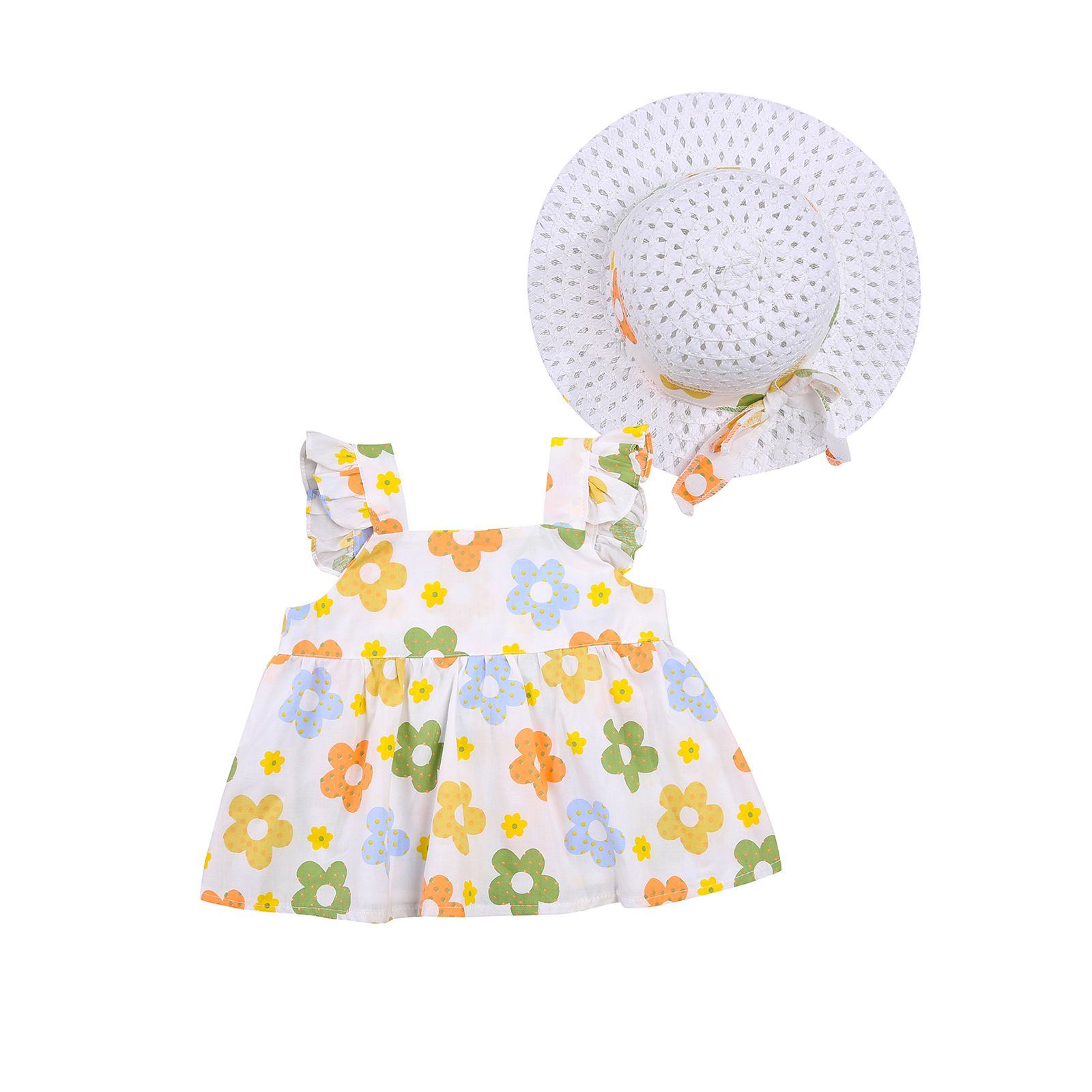 Kids Dress with Cap, Girls Flower Print Square Neck Fly Sleeve One-Piece+ Bucket Hat