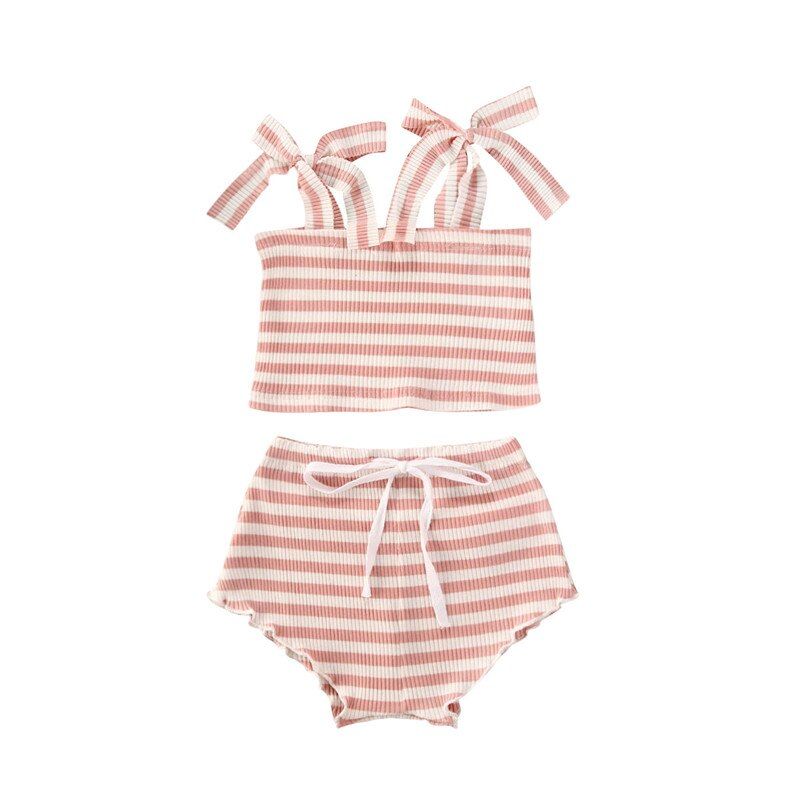 2020 Baby Girls Striped Ribbed Knitted Clothes Set Baby Summer Tie-up Shoulder Strap Tube Top+High Waist Shorts 2Pcs Stylish Set