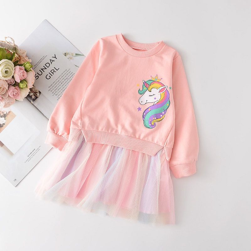 Girls Cartoom T-shirt  Dress Mesh Skirt Cotton Clothes Long Sleeve Skirt With Mesh