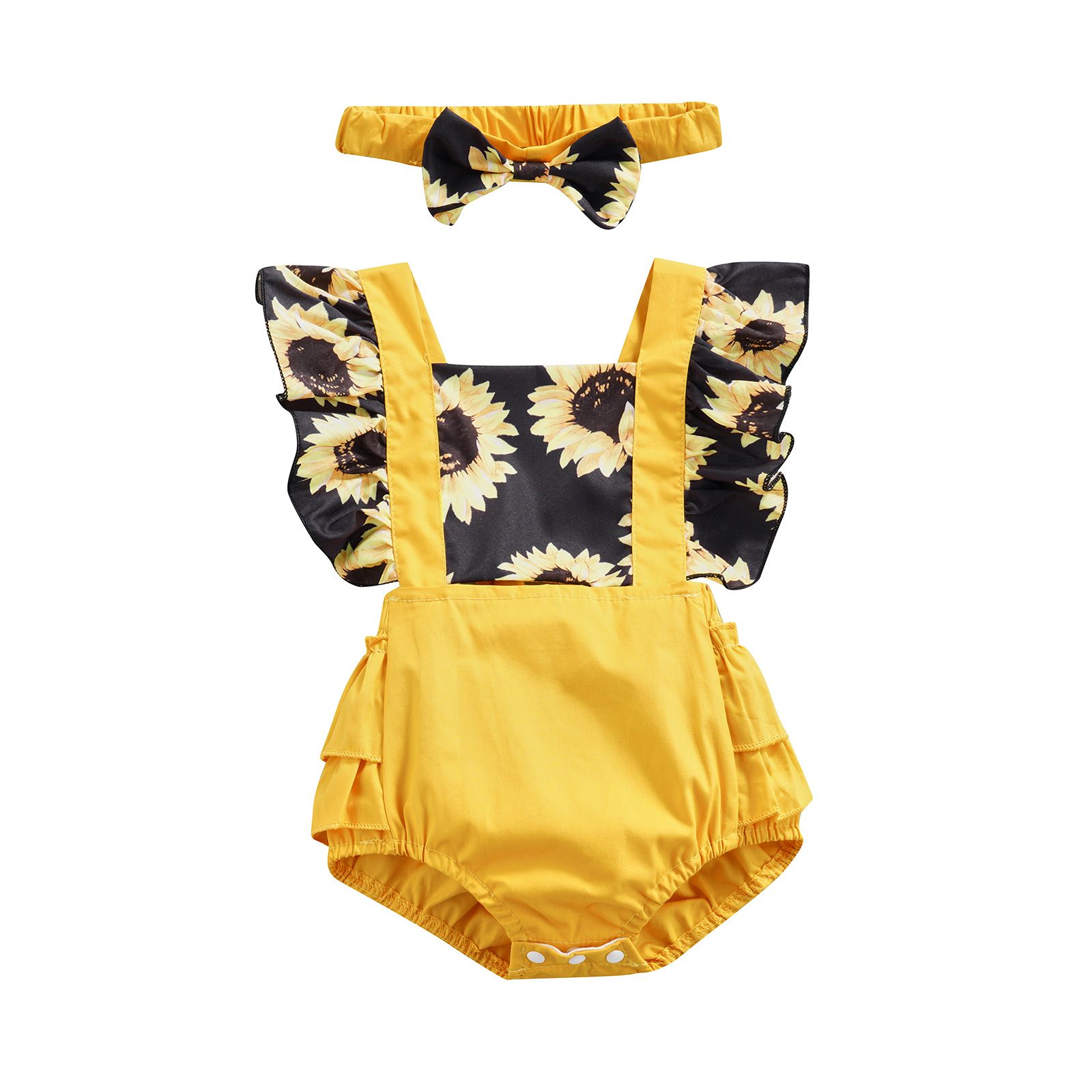 Infant Baby Girl Summer Jumpsuit, Fly Sleeves Sunflower Print Patchwork Romper with Bow Headband