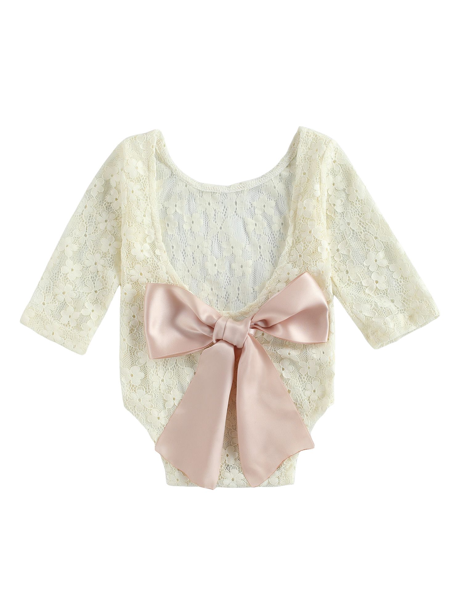 Toddler Lace Long Sleeve Romper, Bow Decoration Flower Pattern Little Princess Style Spring Clothing