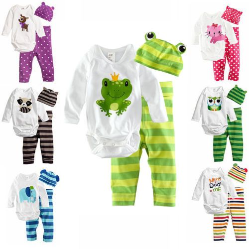 3pcs Baby Boy Girls Kids Romper Bodysuit Jumpsuit Cap Top AND Pants AND Hat Clothing Set