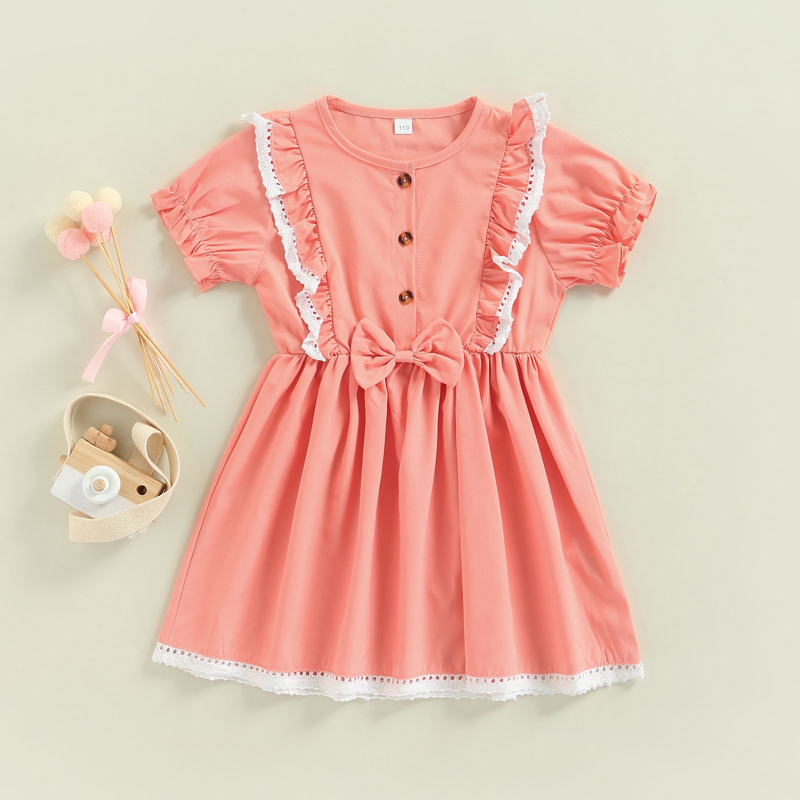Casual Little Girl One Piece Dress, Puff Short Sleeve Bow Knot Waist Round Neck Buttoned Dress for Summer