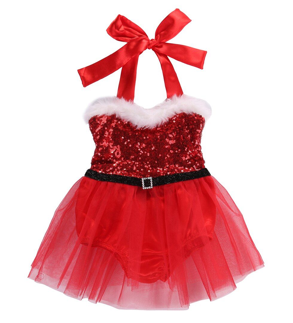Emmababy Christmas Toddler Kids Baby Girl Xmas Top Bodysuit Sequins Tutu Lace Tulle Dresses Outfit