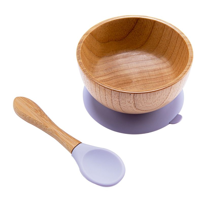 Baby Feeding Bowl Baby Dinner Plate Wooden Kids Feeding Dinnerware With Silicone Suction Cup Wooden Fork Spoon Children's Dishes