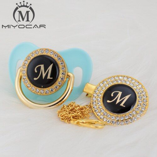 MIYOCAR Gold silver name Initials letter M beautiful bling pacifier and pacifier clip BPA free dummy bling unique design LM