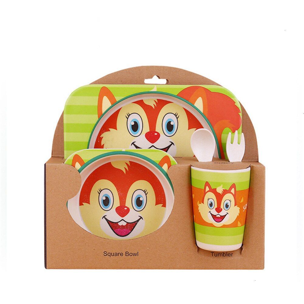 5 Pcs/Set Baby Bowl Set Child Creative Anti-fall Bamboo Fiber Tableware Feeding Partition Dishes Animal Cartoon Baby Spoon Plate