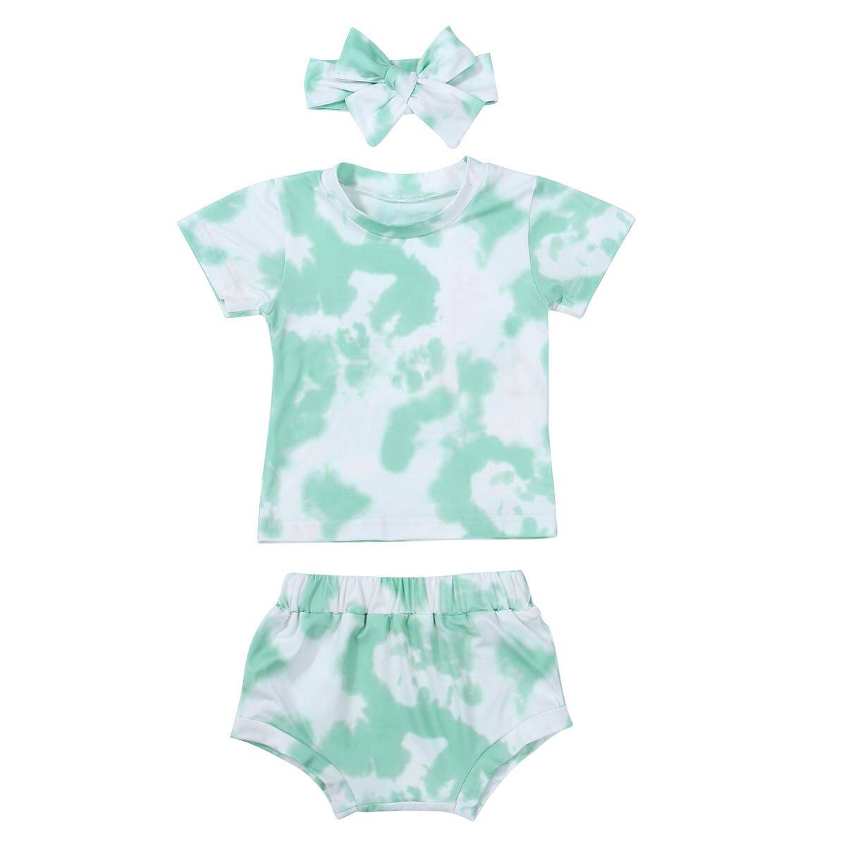 Newborn Baby Girls 3-piece Outfit Set Short Sleeve Tie-dye Print Top+Shorts+Headband Set Children Summer Clothing