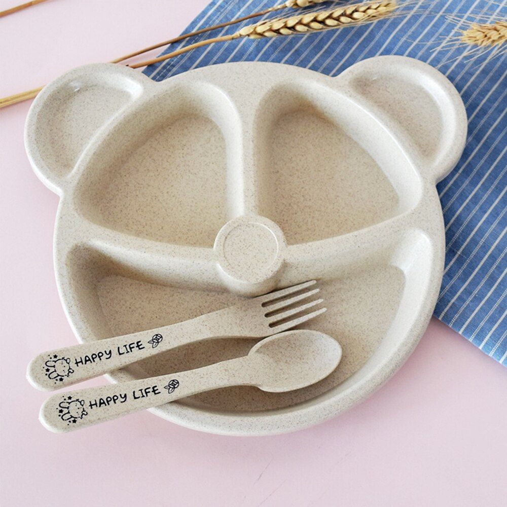 baby Dinnerware Anti-hot Wheat Straw Training Plate Cartoon Bear Kids Dishes Baby bowl+spoon+fork Feeding Food Tableware Set