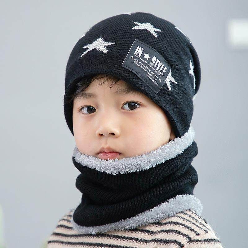 RHS Online 2PCS Kids Winter Warm Knitted Hat Set Children Star Cap Crochet Beanie with Circle Scarf Thicken Boys Girls
