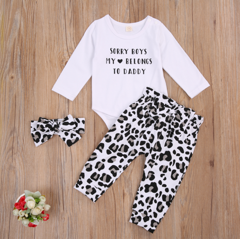 Newborn Baby Girls 3-piece Outfit Set Long Sleeve Letter Print Romper+Leopard Pants+Headband Set