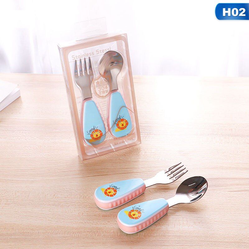 2pcs Kids Cartoon tableware set for babies practise spoon and fork, Stainless Steel Cutlery Sets with Non-Slip silicone Handle