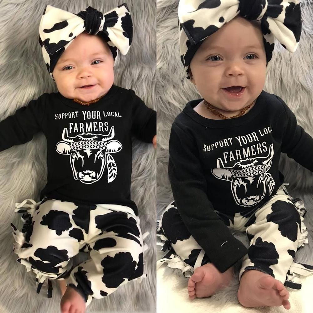 Newborn Clothes for Baby Girls Boys Infant Clothing Kids Outfit Cow Long Sleeve Cotton T-Shirt+Tassel Pants+Headband 3Pcs