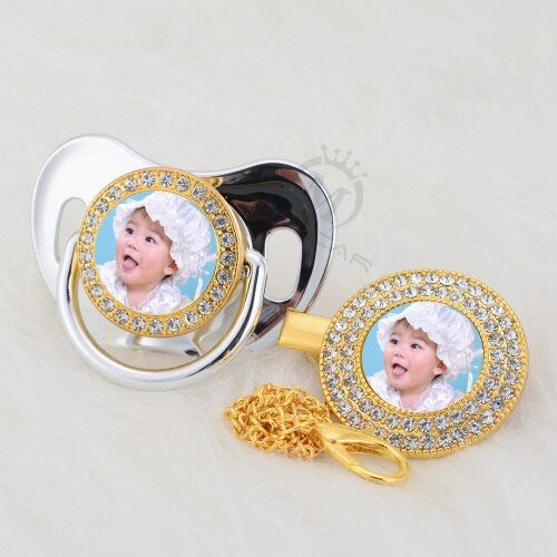 MIYOCAR custom any name photo gold bling pacifier and pacifier clip BPA free dummy bling amazing design P-P