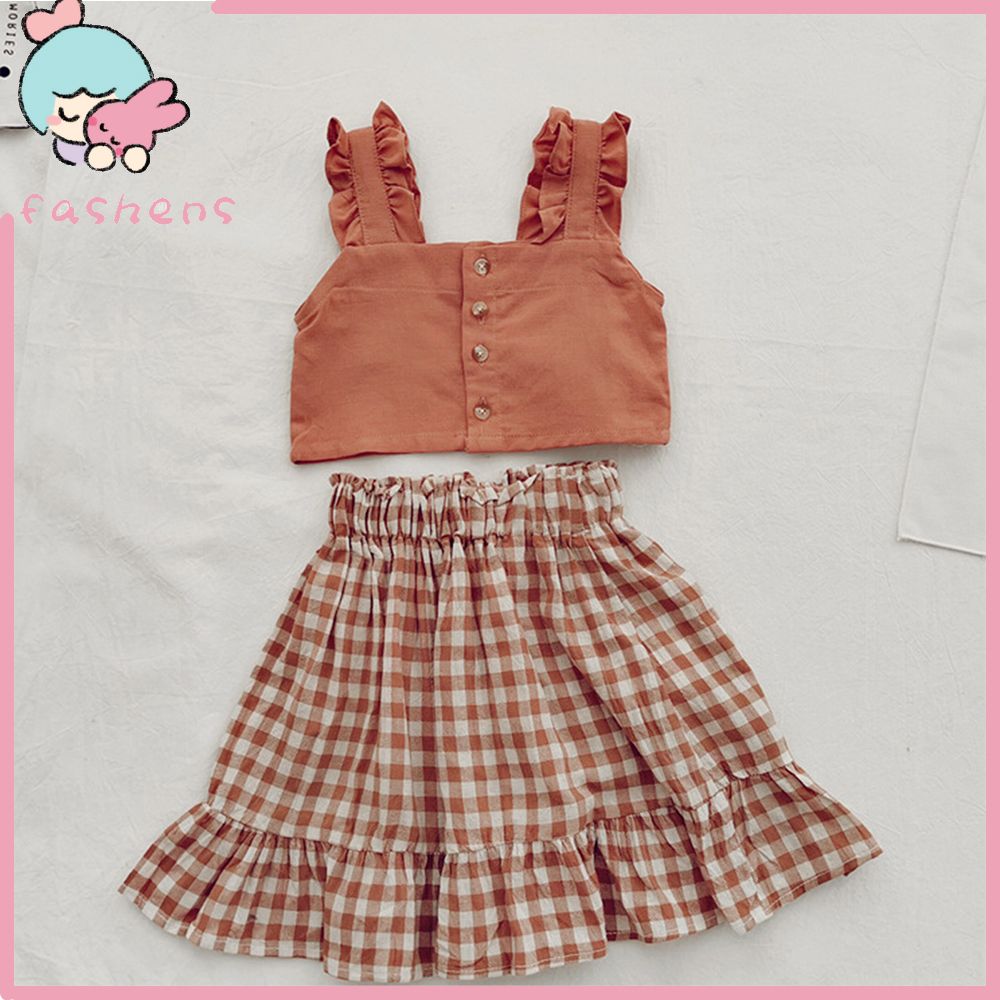 2-9 Year Old Kids Top Sleeveless Breathable Casual Girls Lacework Strap Top Skirt Set for Outdoor Daily Wear