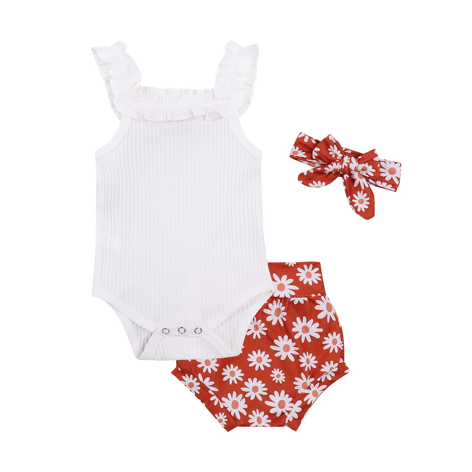 Baby Girls Clothes Set, Solid Color Sleeveless Romper+Sun/Floral Print Shorts+Bow-knot Headband
