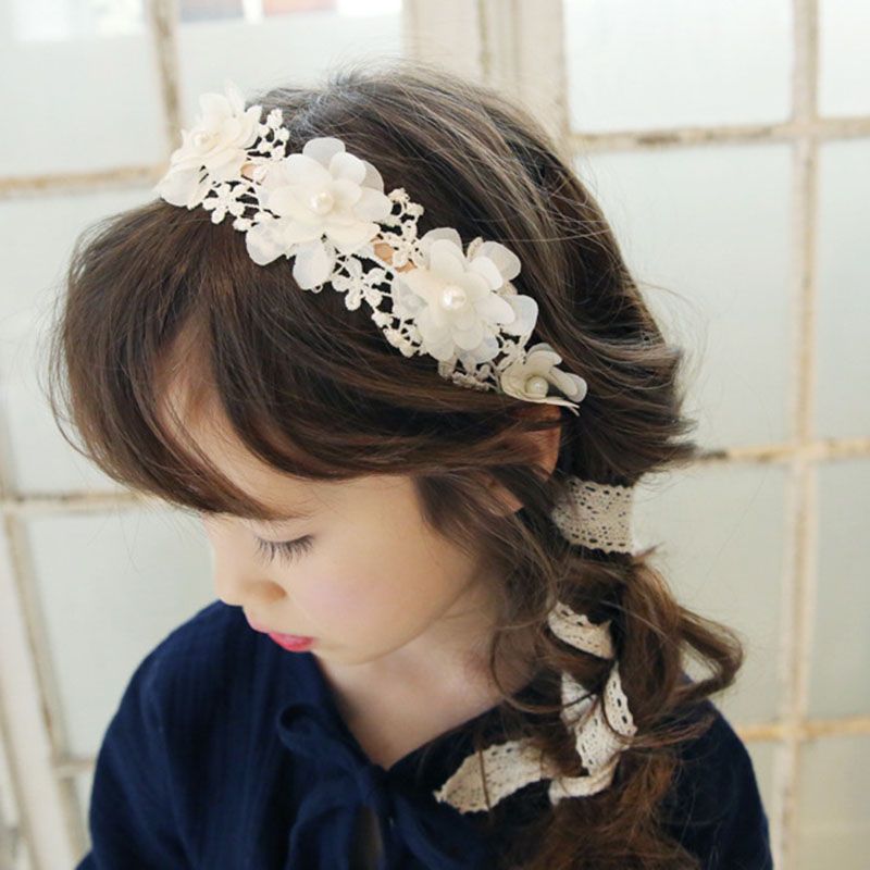 Korean Fashion Sweet Princess Headband Long Lace Ribbon Flower Hairbands Wreath Girls Headwear Kids Hair Accessories